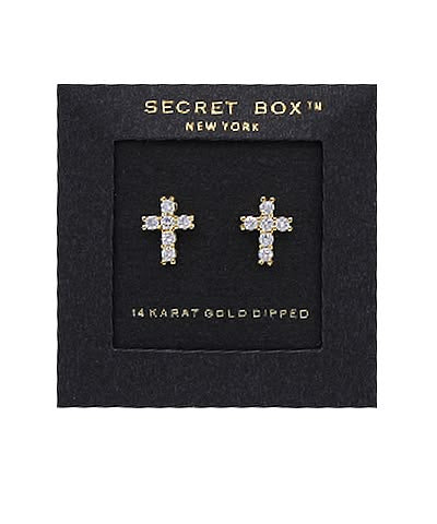 14k Gold Dipped Mini 3D CZ Cross Stud Earrings