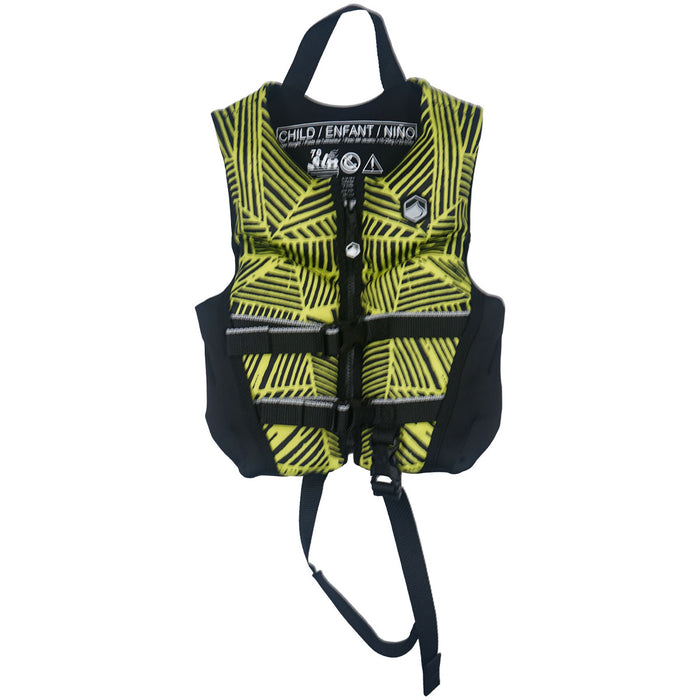 Front view of the Fury Child CGA life vest in black and yellow.