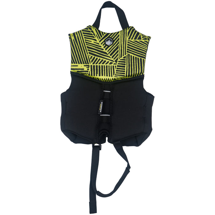 Back view of the Fury Child CGA life vest in black and yellow.