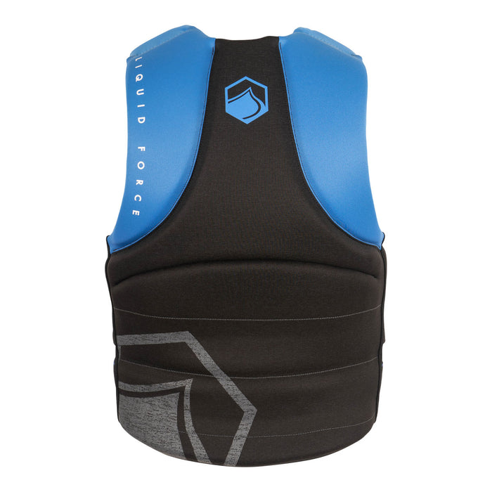 Rear view of Hinge CGA life jacket in blue/black with geometric design and back logo.