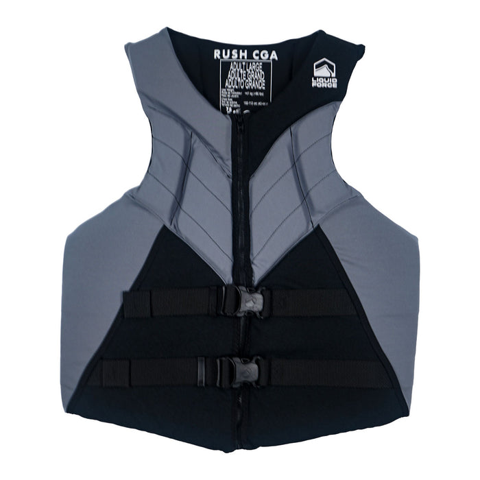 Front of Rush CGA life vest in gray and black with dual black buckles.