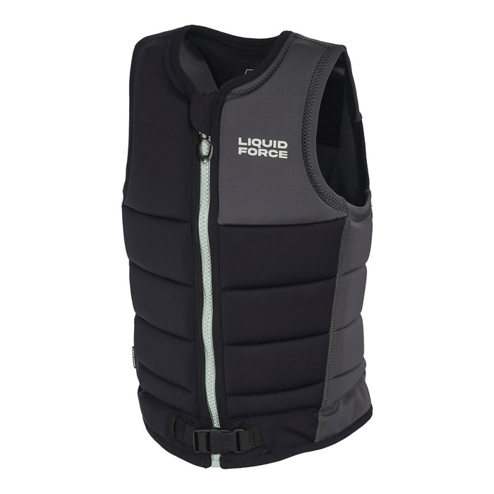 Opposite angled front view of the Women's Rogue Comp Vest with black body and gray side panels.