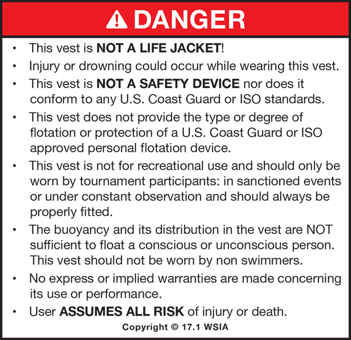 Non Coast Guard Approved Safety Warning Label and Disclaimer stating this product is not an approved flotation device.