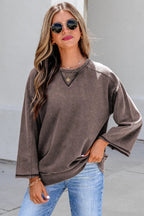 3/4 Sleeve Mineral Wash Loose Cotton Top – Dark Brown