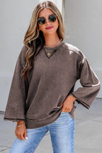 3/4 Sleeve Mineral Wash Loose Cotton Top – Dark Brown