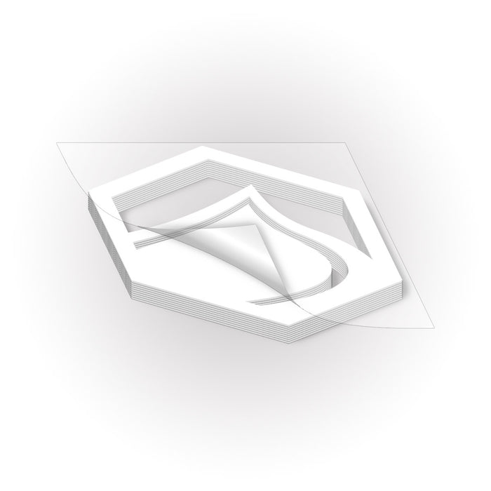 White geometric hex shaped liquid force logo sticker on a white background