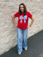 Patriotic American Flag Bow Graphic T-Shirt – Festive Red