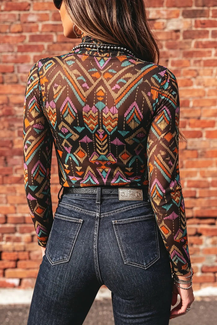 Abstract Print Long Sleeve Stand Neck Mesh Top – Color Black