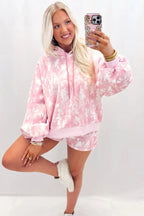 Abstract Print Loose Hoodie Slim Shorts 2pcs Set – Pink