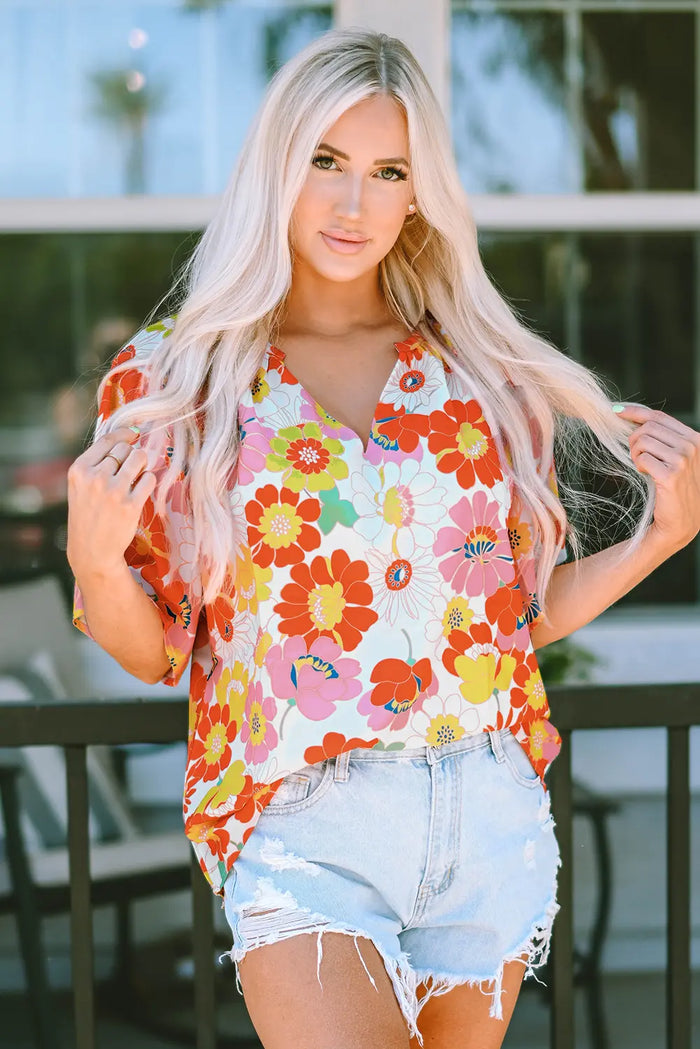 Abstract Print V-Neck Half Sleeve Blouse
