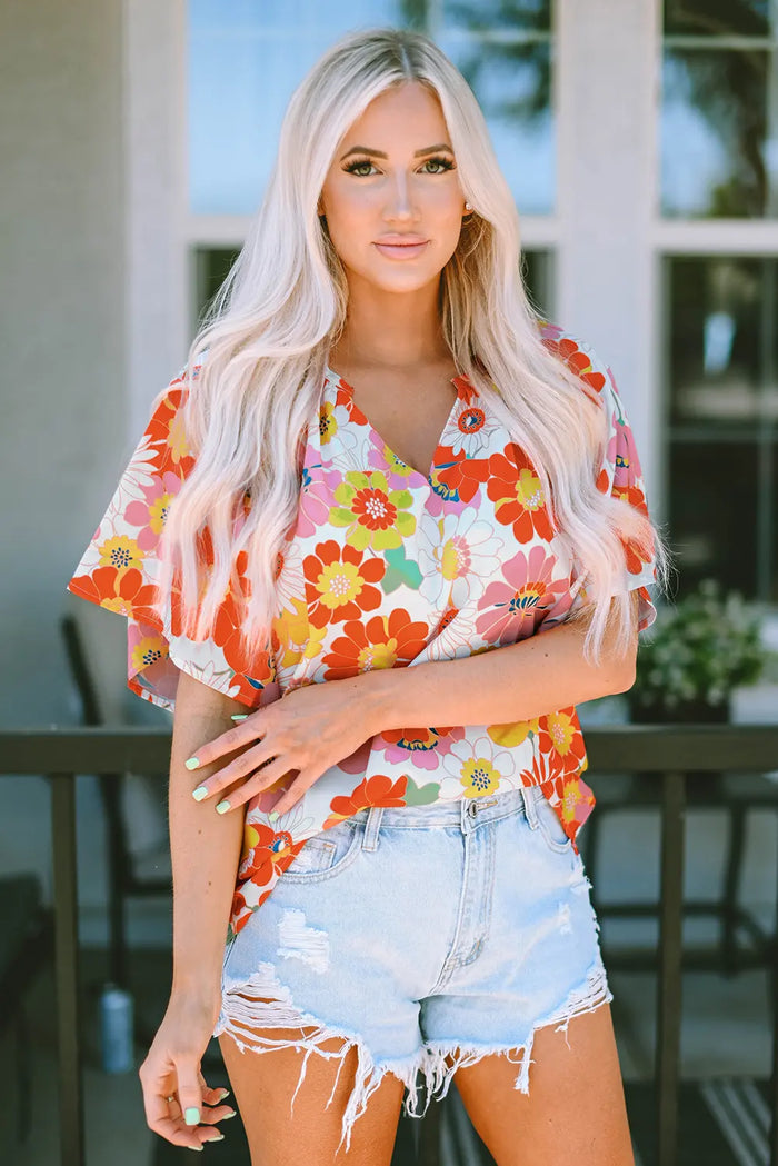 Abstract Print V-Neck Half Sleeve Blouse