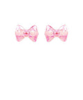 Glossy acrylic bow stud earrings in pink and lavender with post backing on a white background from The Pink Doxie Boutique.