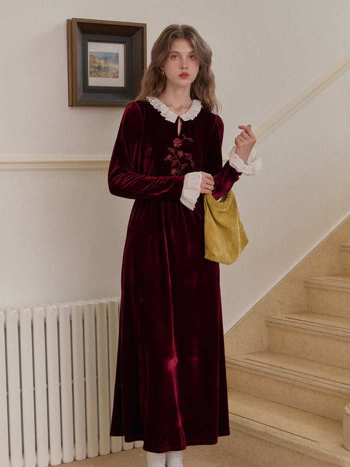 Aliana Round Neck Embroidery Velvet Dress