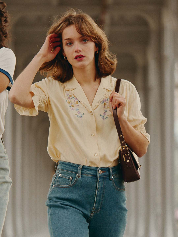 Alicia Embroidery V-Neck Blouse/Simple Retro/1200022