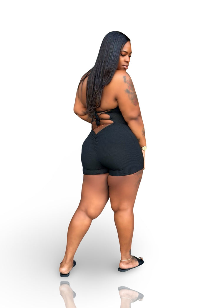 All About Me - Halter Back Tie Up Ruch Butt Line Romper