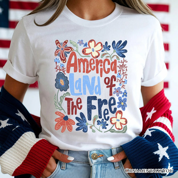 America Land of the Free T-Shirt, Retro Floral Independence Day Tee T-Shirts OrnamentallyYou