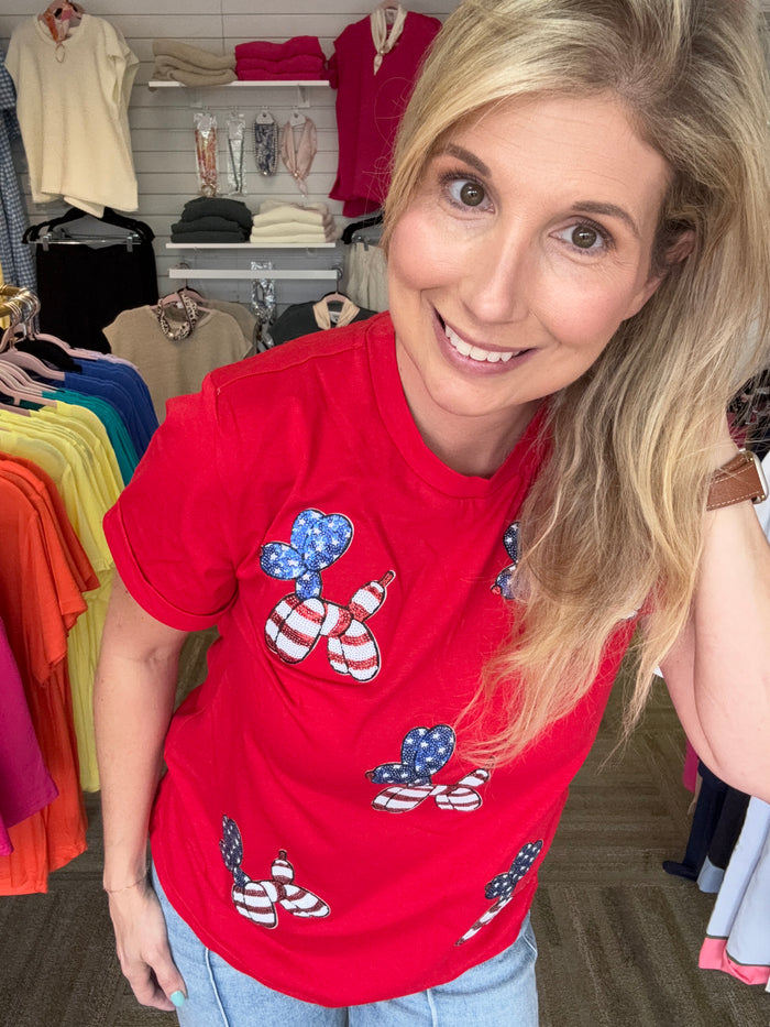 Americana Sequin Balloon Puppy Patriotic Graphic Tee
