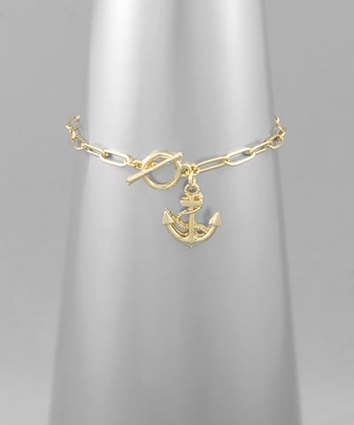 Anchor Charm Toggle Bracelet – Nautical Gold Paperclip Chain