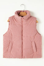 Apricot Pink Corduroy Stand Neck Zipped Puffer Vest – Light Pink