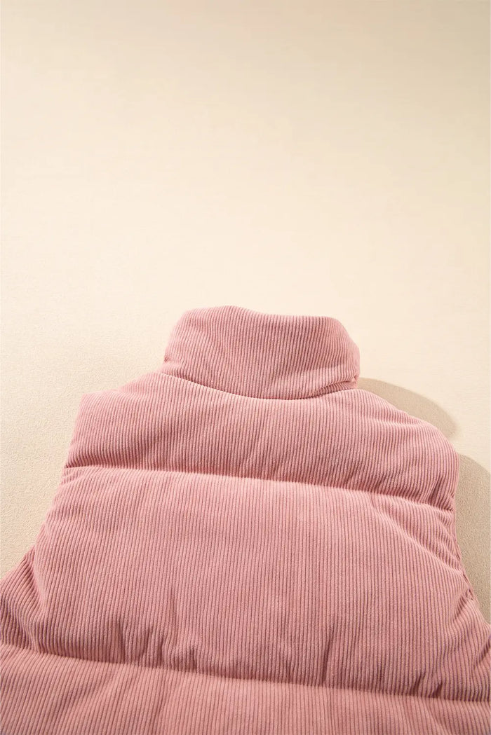 Apricot Pink Corduroy Stand Neck Zipped Puffer Vest – Light Pink