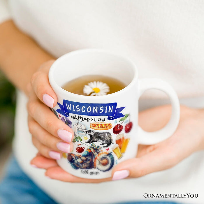 Artistic Wisconsin State Themes and Landmarks Personalized Mug With Custom Name Personalized Ceramic Mug OrnamentallyYou
