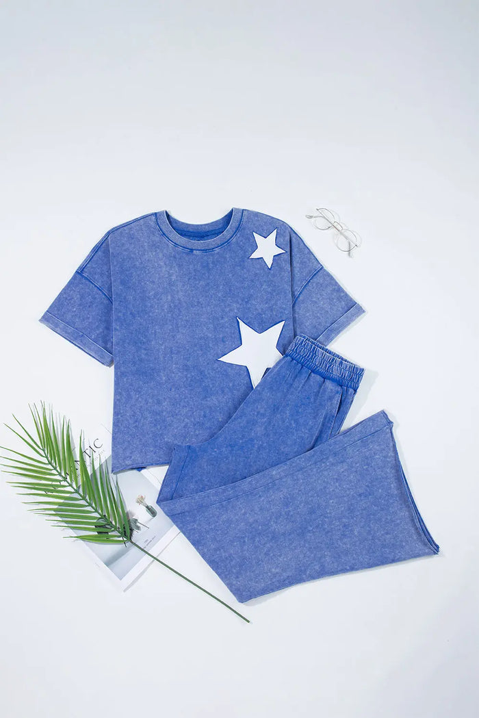 Ashleigh Blue Acid Wash Star Patched Rolled Trim Trousers Co-ord - S / 100% Cotton - Two Piece Sets/Pant Sets