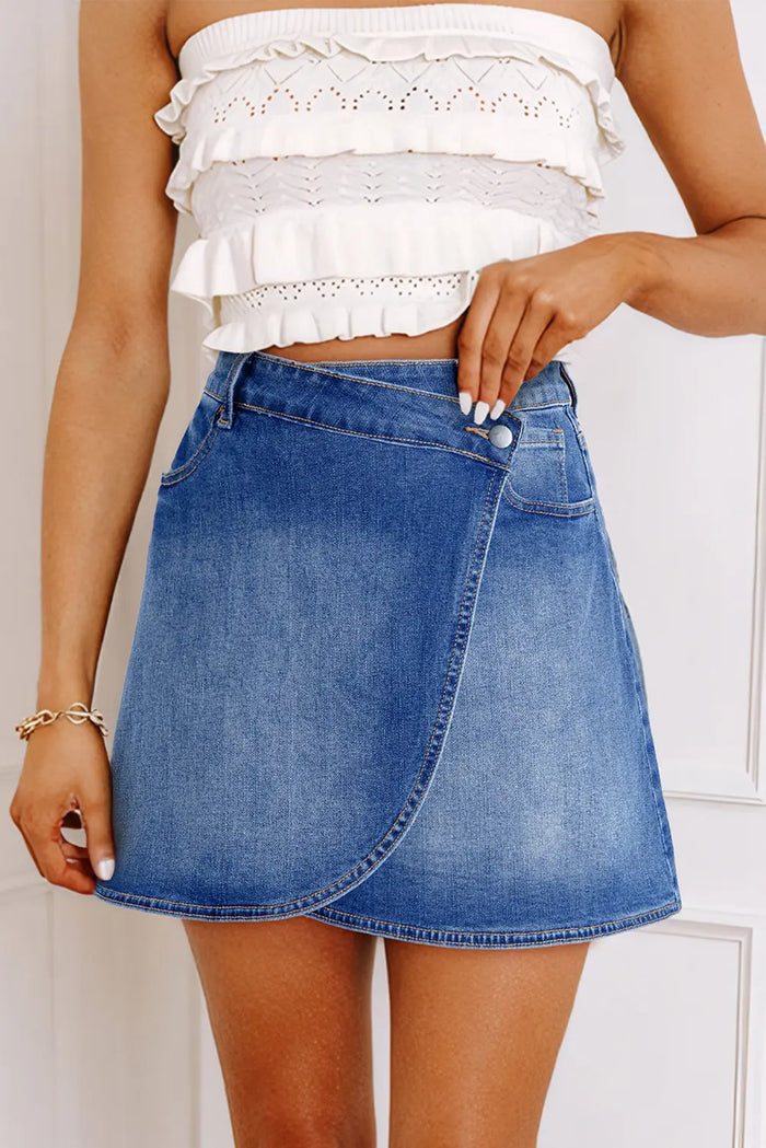 Ashleigh Blue Wrapped Crossed Waist Denim Mini Skirt - S / 71% Cotton + 27.5% Polyester + 1.5% Elastane