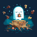 Classic Cotton T-shirt_TeeTurtle navy Autumn Apparition Classic Cotton T-shirt featuring a glowing ghost peacefully holding a pumpkin while floating above a tree stump surrounded by mushrooms, wildflowers, falling autumn leaves, and twinkling stars in a whimsical nighttime forest.