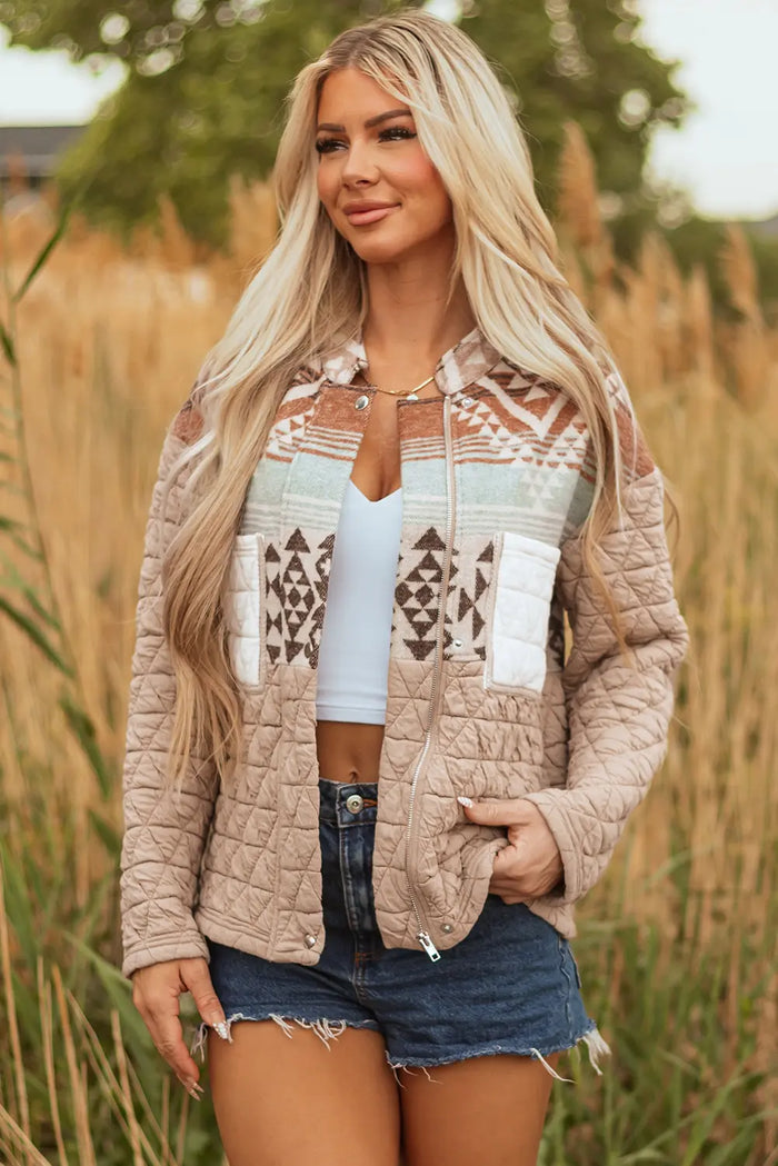 Aztec Quilted Patchwork Western Fashion Jacket – Light French Beige