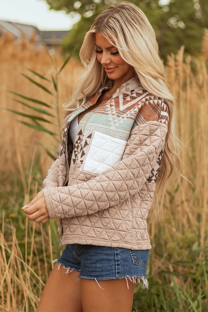 Aztec Quilted Patchwork Western Fashion Jacket – Light French Beige