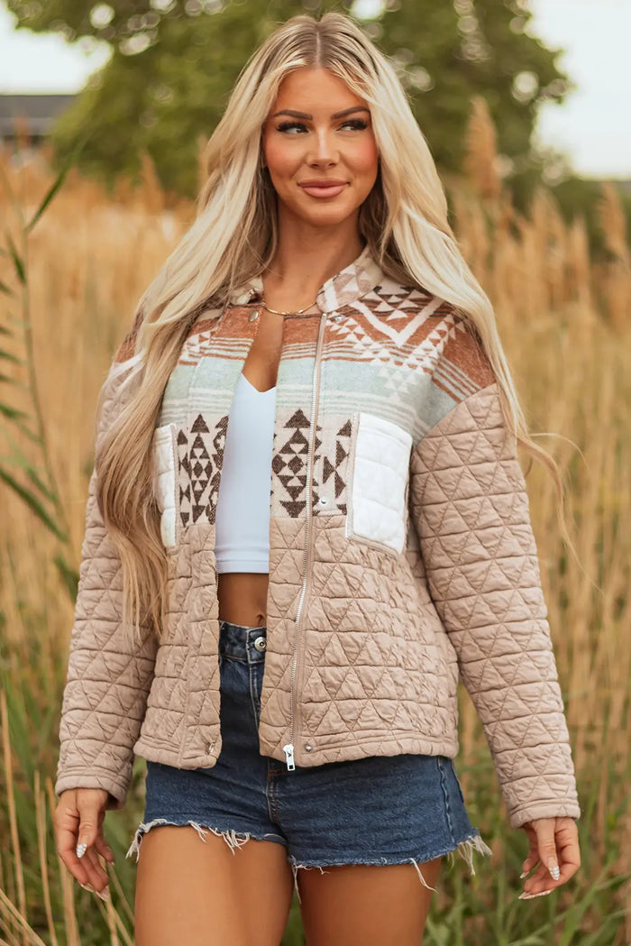 Aztec Quilted Patchwork Western Fashion Jacket – Light French Beige