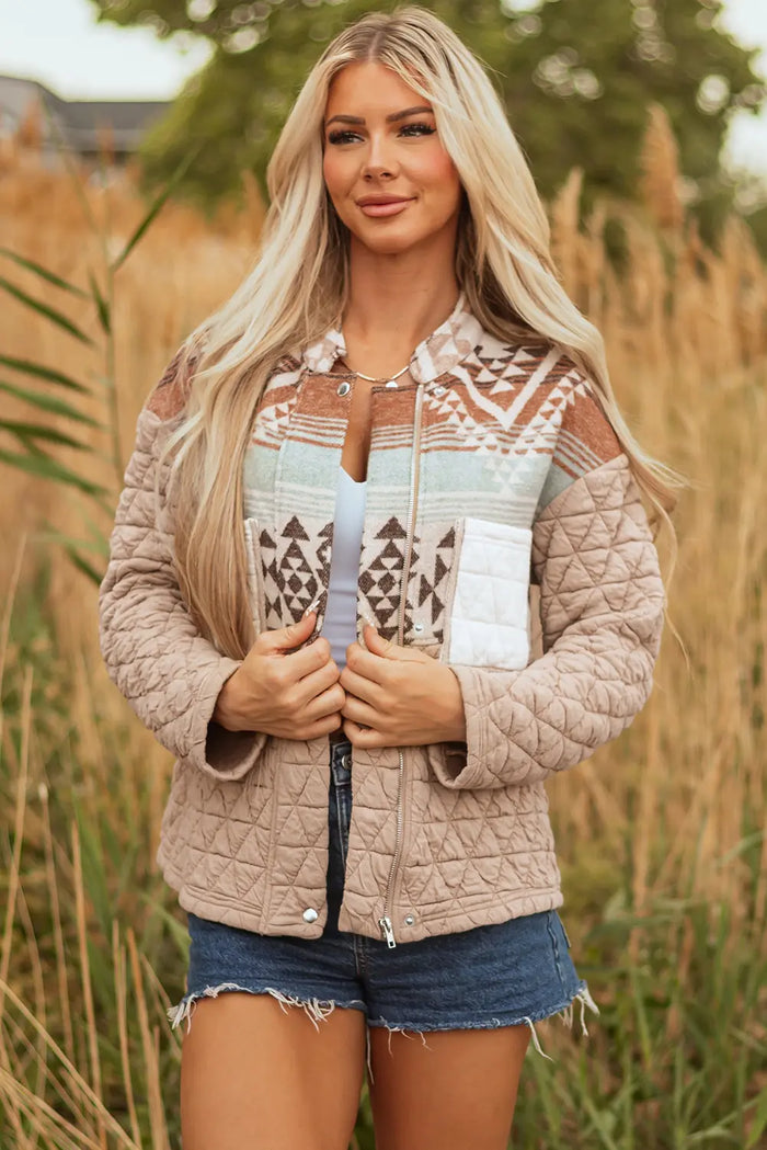 Aztec Quilted Patchwork Western Fashion Jacket – Light French Beige