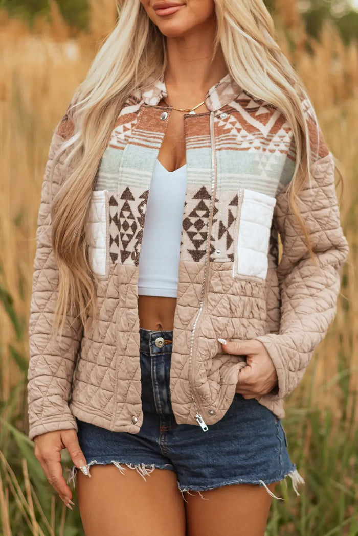 Aztec Quilted Patchwork Western Fashion Jacket – Light French Beige