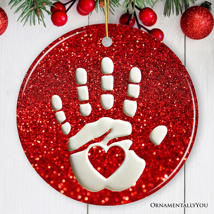 Baby Handprint in Red Glitter Themed Ornament, Christmas Nursery Keepsake and Tree Decor Ceramic Ornament OrnamentallyYou