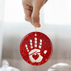 Baby Handprint in Red Glitter Themed Ornament, Christmas Nursery Keepsake and Tree Decor Ceramic Ornament OrnamentallyYou