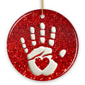 Baby Handprint in Red Glitter Themed Ornament, Christmas Nursery Keepsake and Tree Decor Ceramic Ornament OrnamentallyYou Circle