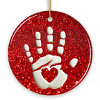 Baby Handprint in Red Glitter Themed Ornament, Christmas Nursery Keepsake and Tree Decor Ceramic Ornament OrnamentallyYou Circle