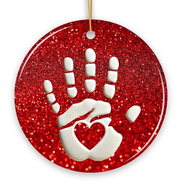 Baby Handprint in Red Glitter Themed Ornament, Christmas Nursery Keepsake and Tree Decor Ceramic Ornament OrnamentallyYou Circle