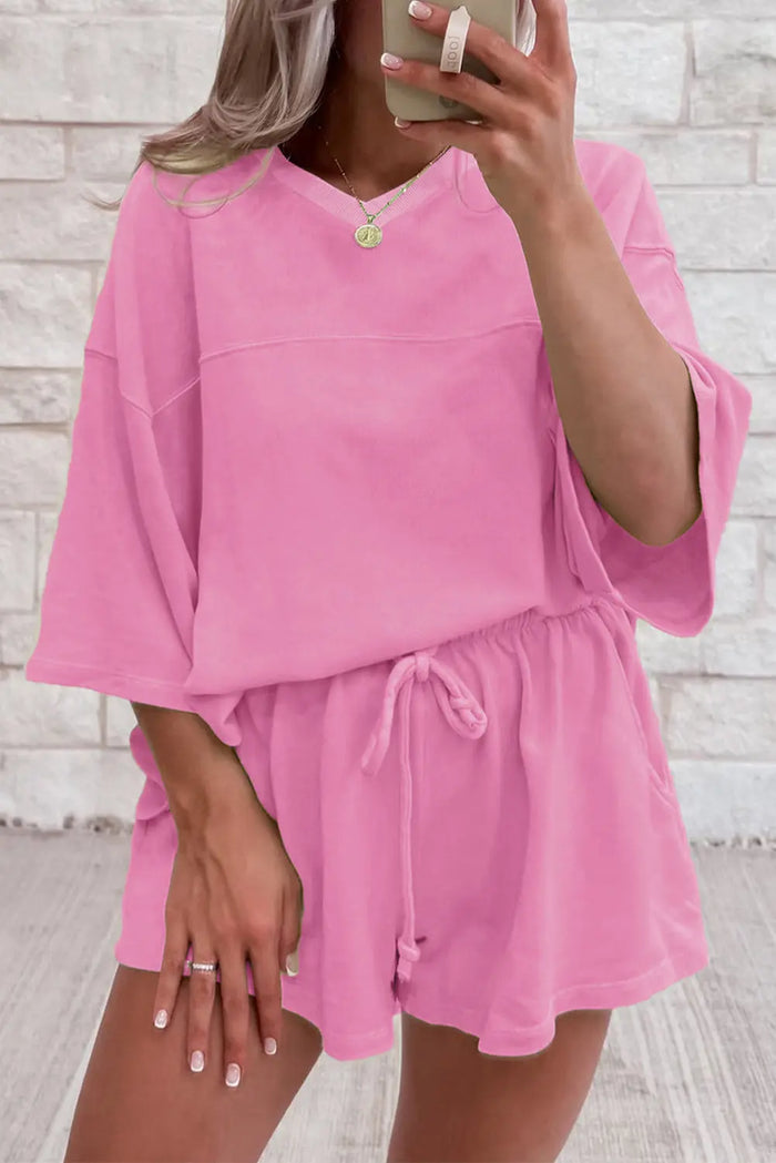 Baggy V Neck Half Sleeve Tee and Shorts Co-ord Set - Bonbon / S / 75% Polyester + 20% Cotton + 5% Elastane - Two Piece