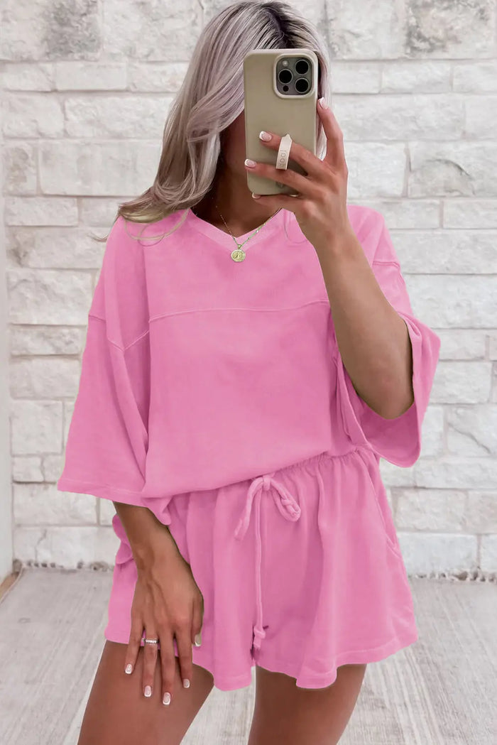 Baggy V Neck Half Sleeve Tee and Shorts Co-ord Set - Two Piece Sets/Short Sets