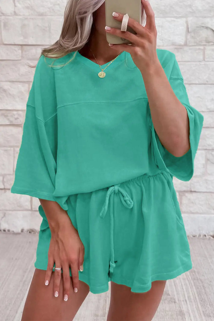 Baggy V Neck Half Sleeve Tee and Shorts Co-ord Set - Sea Green / S / 75% Polyester + 20% Cotton + 5% Elastane - Two