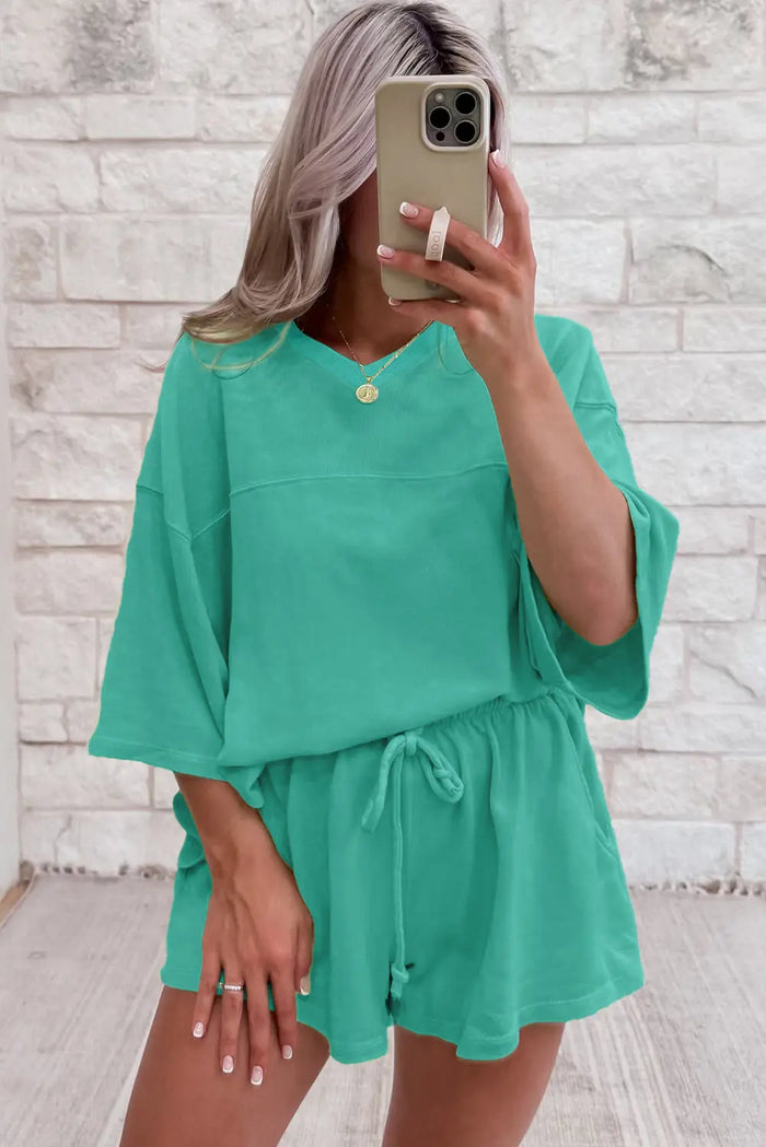 Baggy V Neck Half Sleeve Tee and Shorts Co-ord Set - Two Piece Sets/Short Sets