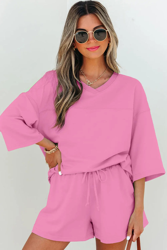 Baggy V Neck Half Sleeve Tee and Shorts Co-ord Set - Two Piece Sets/Short Sets