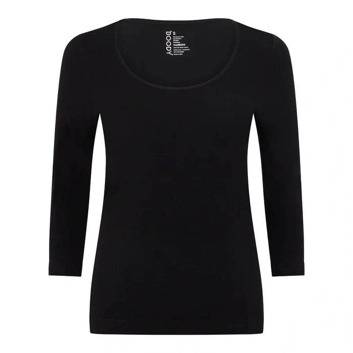A black three-quarter sleeve top with a wide scoop neckline, shown flat against a plain white background. The brand name 'Boody' is printed in white on the inside of the collar.