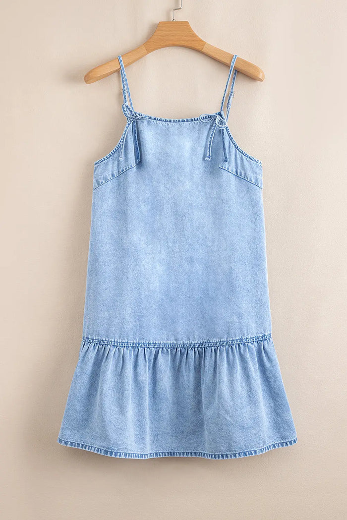 Beau Blue Bow Detail Spaghetti Straps Ruffle Hem Denim Short Dress - Dresses/Mini Dresses