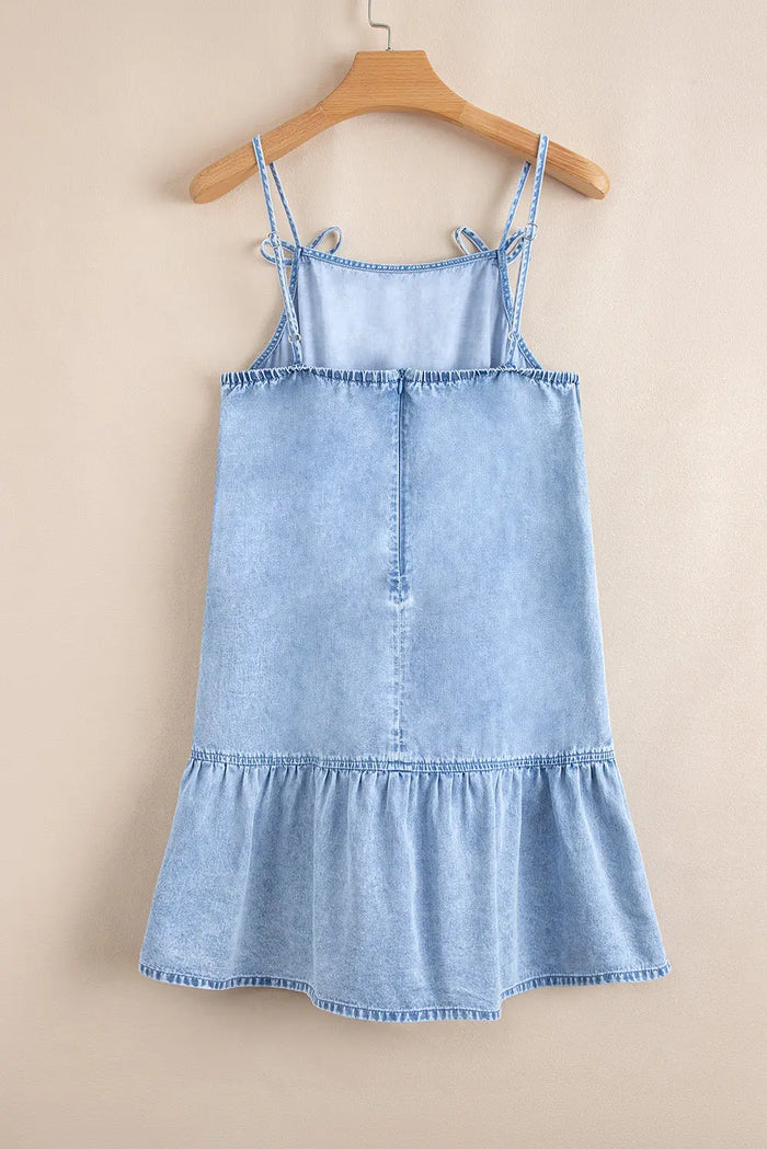 Beau Blue Bow Detail Spaghetti Straps Ruffle Hem Denim Short Dress - Dresses/Mini Dresses