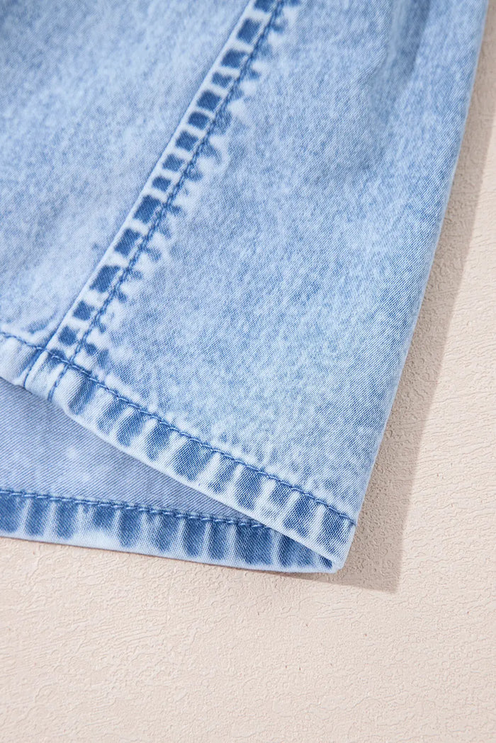 Beau Blue Bow Detail Spaghetti Straps Ruffle Hem Denim Short Dress - Dresses/Mini Dresses