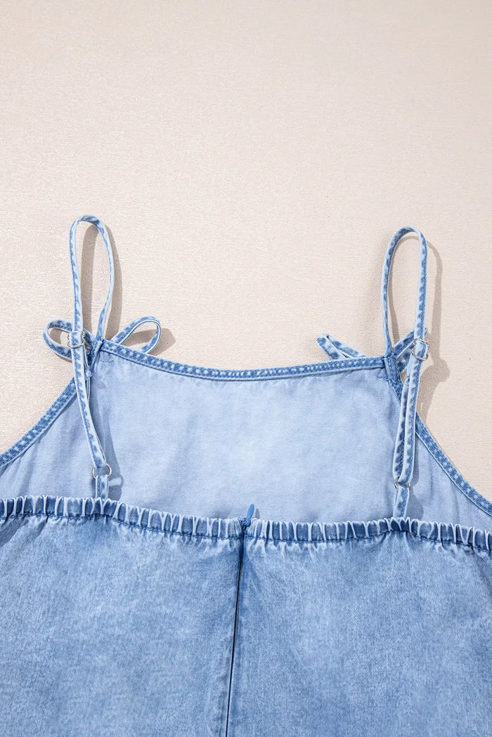 Beau Blue Bow Detail Spaghetti Straps Ruffle Hem Denim Short Dress - Dresses/Mini Dresses