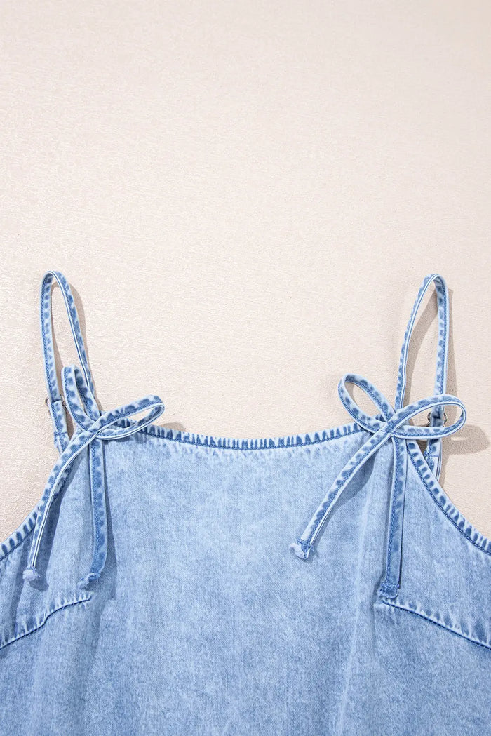 Beau Blue Bow Detail Spaghetti Straps Ruffle Hem Denim Short Dress - Dresses/Mini Dresses
