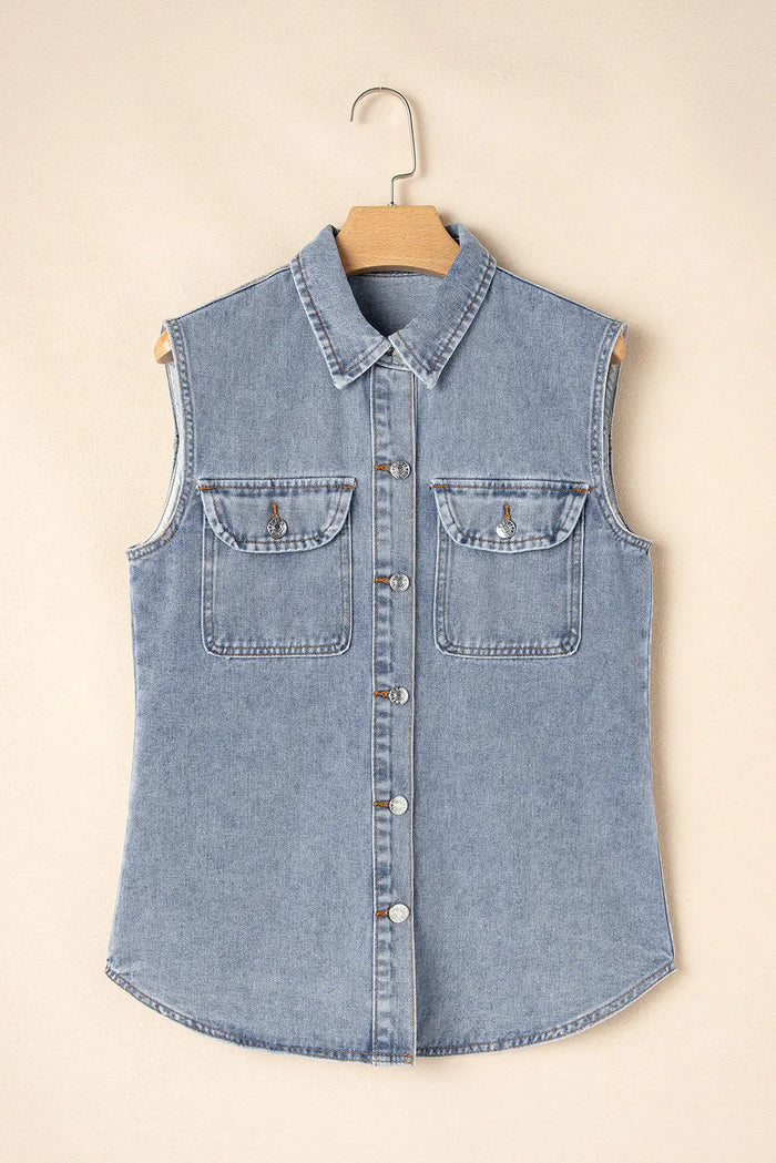 Beau Blue Denim Flap Pocket Curved Hem Shirt Vest - Outerwear/Vests